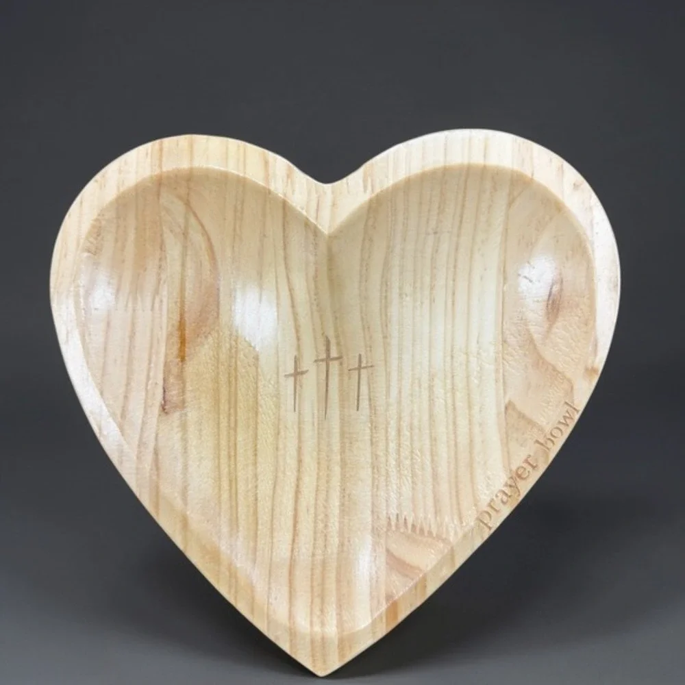 Handcrafted Heart Shaped Wooden Prayer Bowl with Engraved Crosses and Rim‎ Text